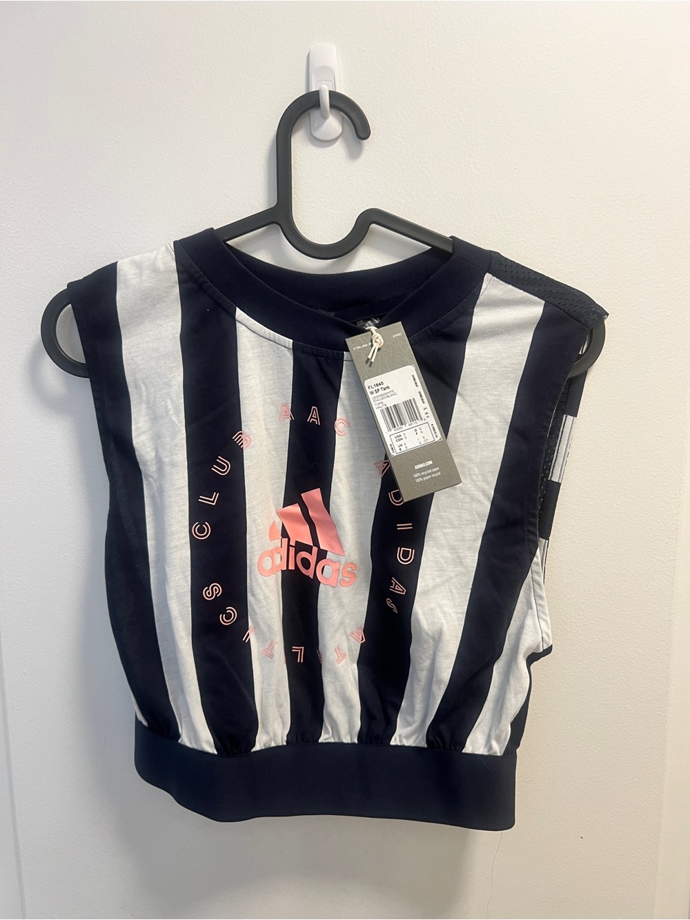 BNWT adidas Black & White Striped Tank with Pink Logo Accents